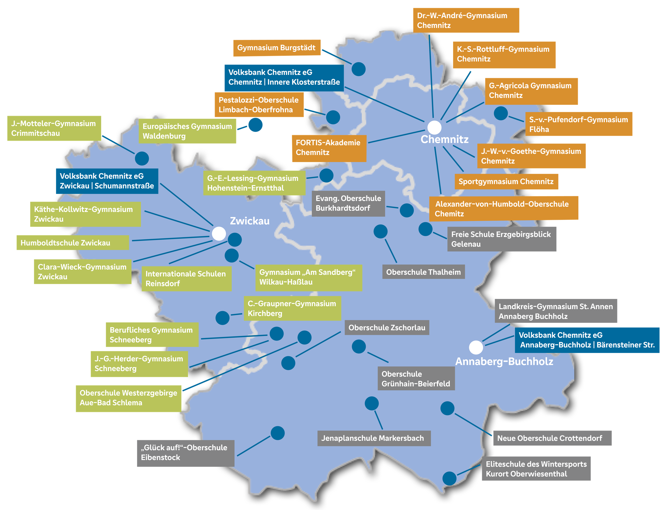 Karte der Partnerschulen in der Region Chemnitz, Zwickau und Erzgebirge